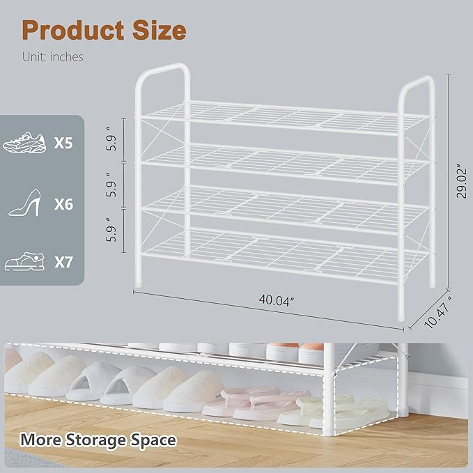 Hoctieon 4 Tier Mesh Style Shoe Rack, Entryway Shoe Shelf, Shoe Storage Organizer, Shoe Rack for Closet, Space Save for Bathroom, Garage, Hallway, Bedroom, Living Room, White