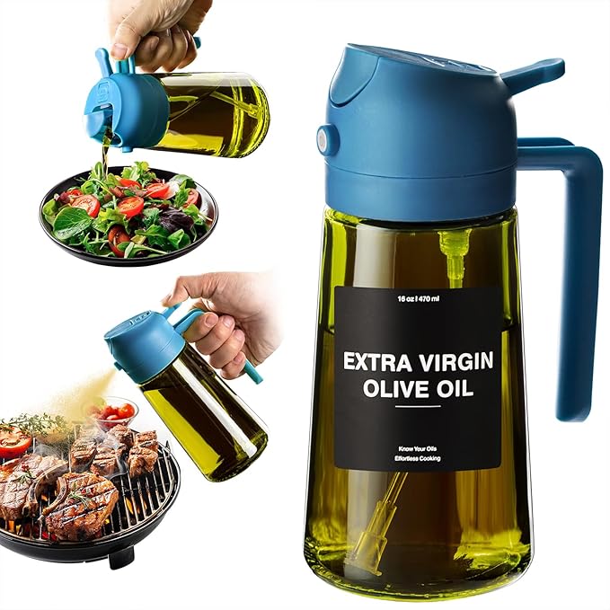 CXINYI - 16oz/470ml Olive Oil Dispenser for Kitchen with Stickers - 2 in 1 Olive Oil Sprayer for Cooking, Air Fryer, and Salad, Blue (Light-Proof Kitchen Gadget)