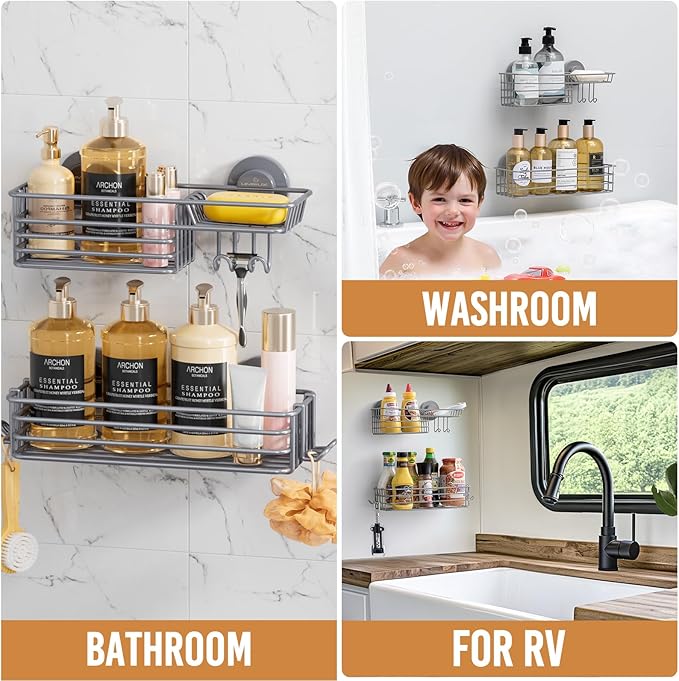 LEVERLOC Shower Caddy Suction Cup, 2 Pack Shelves for Inside with Hooks and Soap Holder, NO-Drilling Bathroom Holder, Rustproof Meatl Bathroom Organizer, Grey