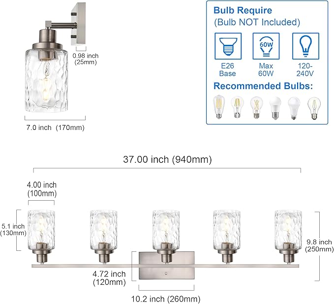MELUCEE 5-Light Bathroom Light Fixtures Brushed Nickel Finish, Modern Vanity Light Industrial Wall Lamp with Clear Hammered Glass Shade for Powder Room Bedroom (Patent No.: US D963914 S)