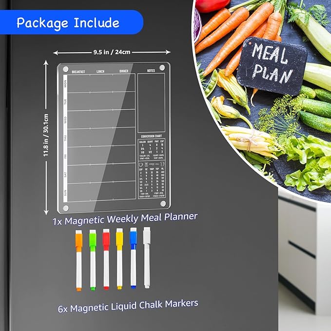 3-in-1 Magnetic Acrylic Meal Planner for Fridge - Clear Weekly Dry Erase Menu Board, Breakfast Lunch Dinner Daily Planner, Healthy Diet Organizer for Kids Teens Family, w/ 6 Markers, 9.5"x12"