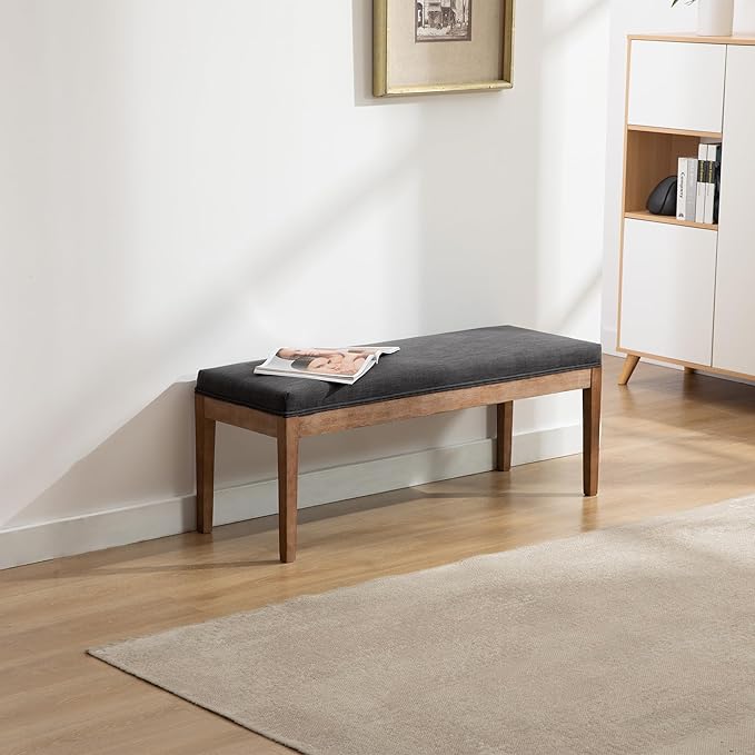 Linen Dining Bench Upholstered Entryway Bench Farmhouse Shoe Bench Seat Ottoman for Hallway Living Room Bedroom End of Bed Dining Room Kitchen, 45.5" Long, Charcoal