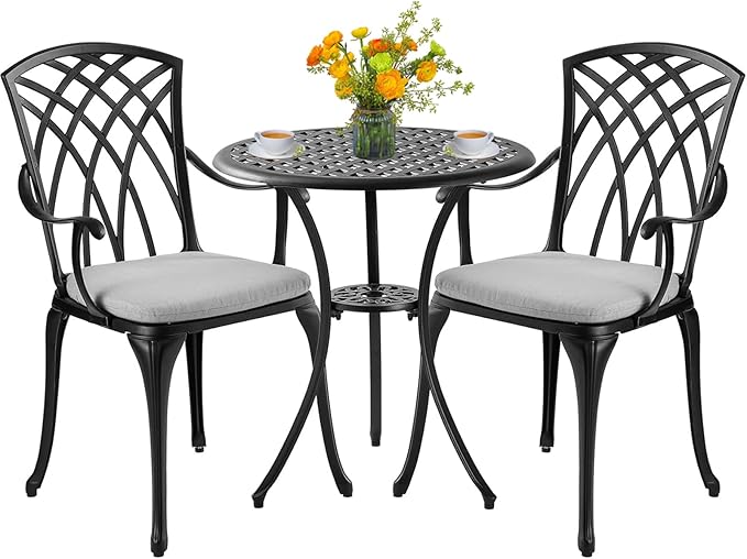 3 Piece Patio Bistro Set with Cushions, Outdoor Bistro Table and Chairs Set of 2 with Umbrella Holes, All Weather Bistro Table Set for Garden Porch Pools (Black with Grey Cushion)