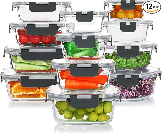 24 Pieces Glass Food Storage Containers Set,Glass Meal Prep Containers-Stackable Airtight Glass Storage Containers with lids,Freezer, Microwave, Oven Safe,Gray
