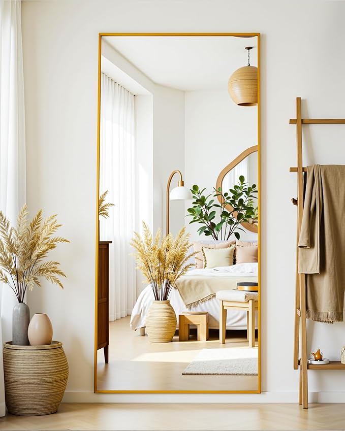 Suidia Full Length Mirror, 58"x18" Floor Standing Mirror Freestanding, Full Body Mirrors with Stand for Bedroom, Hanging Mounted for Living Room Cloakroom, Gold, Rectangular Style