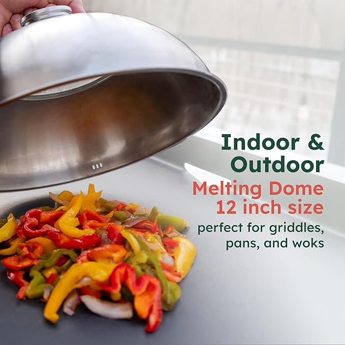 Melting Dome with Thermometer & Glass Top – 12-inch Stainless Steel Griddle Dome - Basting Cover with Steam Vent – Perfect for BBQ, Grilling, Cheese Melting & Family Cooking – 700°F