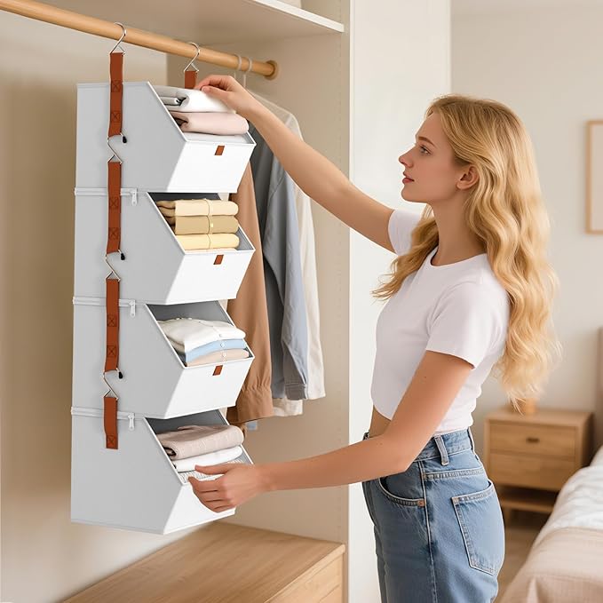 Hanging Closet Organizer 4 Tier - Clothes Hanging Shelves, Space-Saving Closet System, Fabric Storage Bins Bedroom Organization, Collapsible Baskets for Home, Dorm, Rv, White, 2 Pack