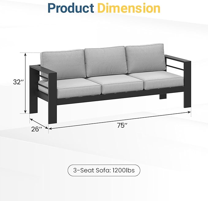 Wisteria Lane Patio Furniture Metal Sofa, Metal Outdoor Chairs with Upgraded Cushions, All-Weather Outdoor 3 Seats Sofa Couch for Balcony, Garden, Deck, Backyard, Light Grey