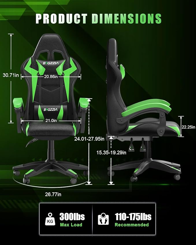 Bigzzia Gaming Chair with RGB LED Lights, High Back Ergonomic Computer Gamer Chair with Headrest and Lumbar Support, Racing Style Reclining Game Chair for Adults, Kids (Black/Green)