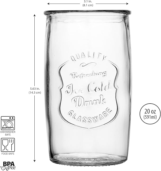 Glaver's Drinking Glasses Set of 4, Vintage Italian Style – Elegant 20 Oz Clear Tumbler Glassware Set– Genuine Artisan-Made for, Refreshing Drinks, Beverages, Cocktails.