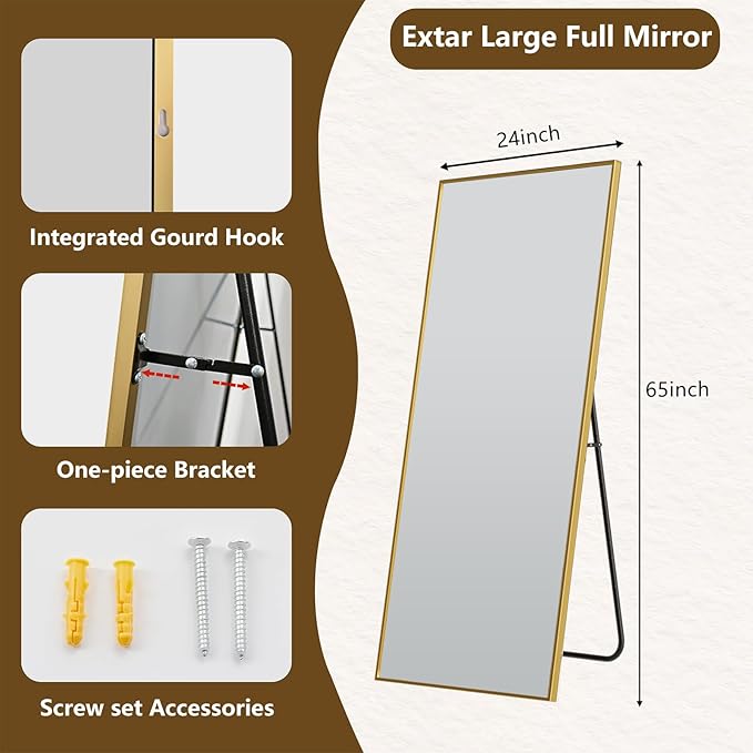 Koonmi 65"x24" Floor Mirror Full Length, Bedroom Floor Body Mirror with Stand, Large Gold Mirror, Leaning, Standing or Hanging Horizontally/Vertically