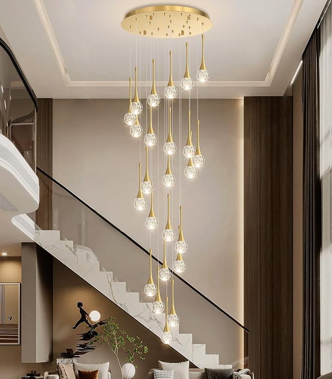 24 Light Modern Glam Crystal Chandelier for High Ceiling LED Dimmable Ceiling Pendant Light Staircase Foyer Enterway Living Room Chandelier Lighting Antique Gold
