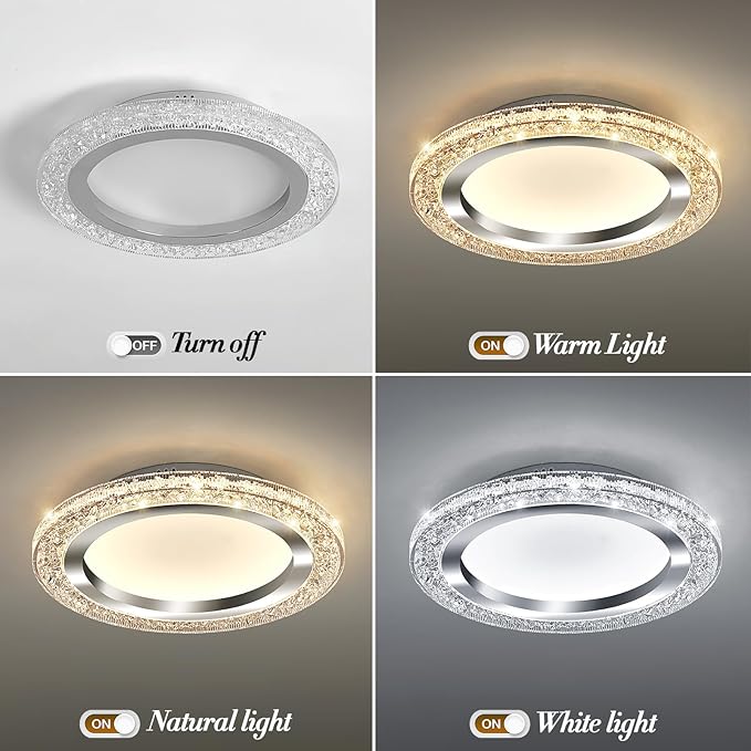 UOFUS 28W LED Flush Mount Ceiling Light Chrome 12inch Modern Round Ceiling Light Fixture 3000K-6000K Super Bright Circle Ceiling Lamp for Bedroom Kitchen Dining Room Entryway Hallway Foyer