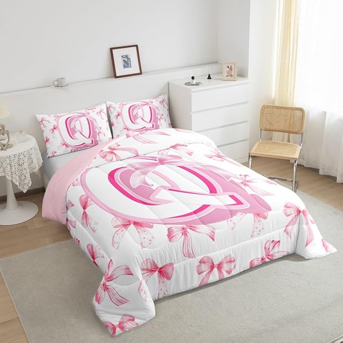 jejeloiu Kids Girls Cute Pink Bow Comforter Set Full Size Monogrammed Bedding Set Ultra Soft Personalized Initial Duvet Quilt Coquette Bow Knot Quilt Set Room Decor Modern Fashion Comforter