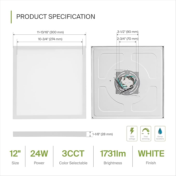 ASD LED 12" Square Flush Mount Ceiling Light Fixture, Low Profile Surface Lighting | 5CCT, Dimmable, Ultra-Thin, ETL Listed | 24W 1700LM 2700-6000K 120V | Kitchen, Bedroom Lamp | White, 12 Pack