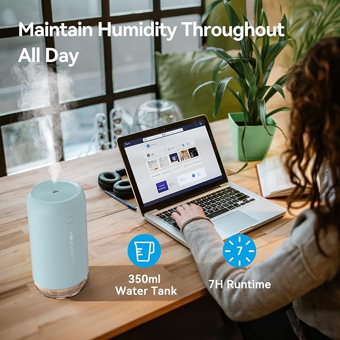 Portable Mini Humidifier, Small Cool Mist Humidifiers 350ml Quiet USB Personal Desktop Air Humidifier for Bedroom Home Plants Car Baby indoor Office with 2 Mist Modes & Auto Shut-off（Blue）
