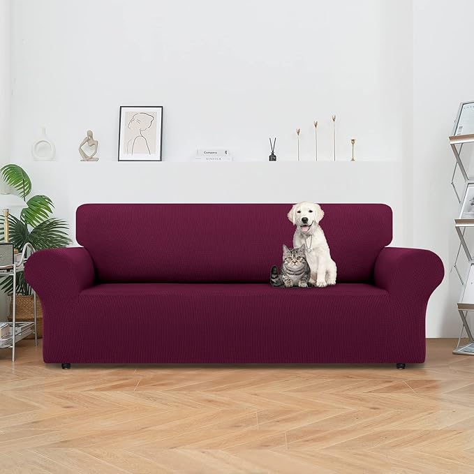 LURKA Stretch Sofa Slipcovers 1 Piece Couch Covers for 3 Cushion Couch Sofa Furniture Protector Full Sofa Covers with Elastic Bottom for Kids and Dog (Large, Wine)