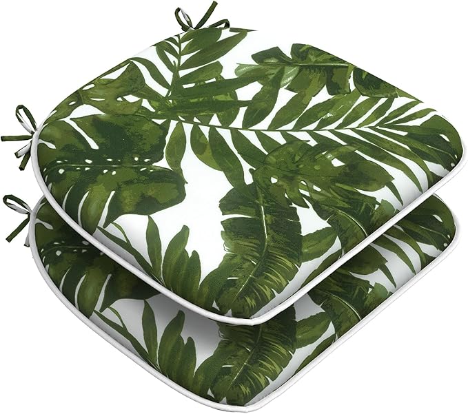 Set of 2 Outdoor Chair Cushions with Ties,Water Repellent Patio Chair Pads 17"x 16" for Outdoor Furniture,Round Corner Seat Cushions for Garden Yard Kitchen Palm Green