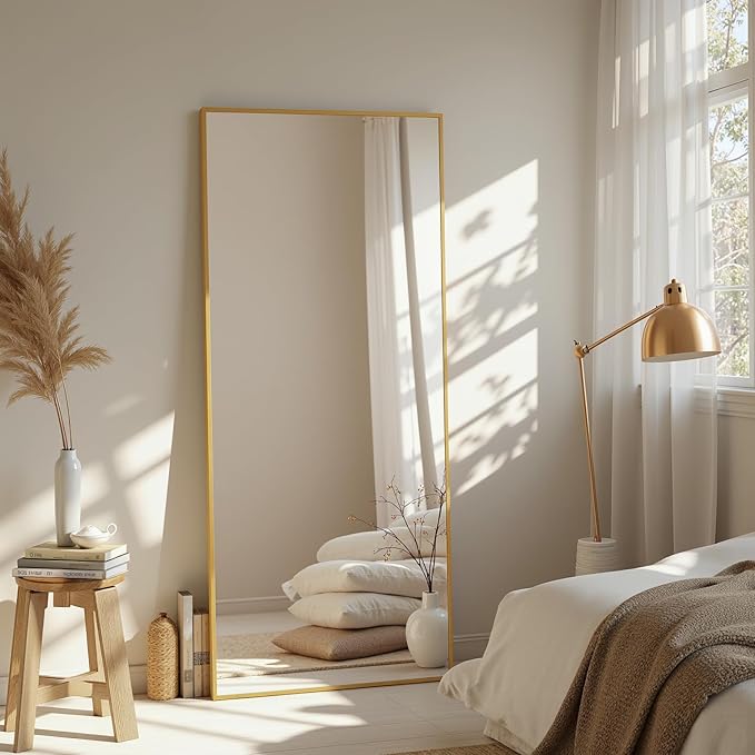 Full Length Mirror, 58"x21" Oversized Floor Mirror Freestanding, Full Body Mirror Floor Standing Mirrors with Stand, Hanging Mounted Mirrors for Bedroom Living Room, Gold, Rect Style