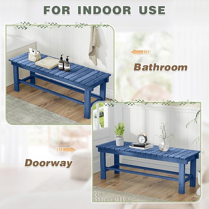 Outdoor Garden Wood Bench, 2-Person Weatherproof Wooden Bench Park Narrow Bench, Never Rot or Fade Waterproof Backless Bench for Entryway, Outdoor, Patio, Porch, Backyard and Park (Blue, 35.5''/90cm)