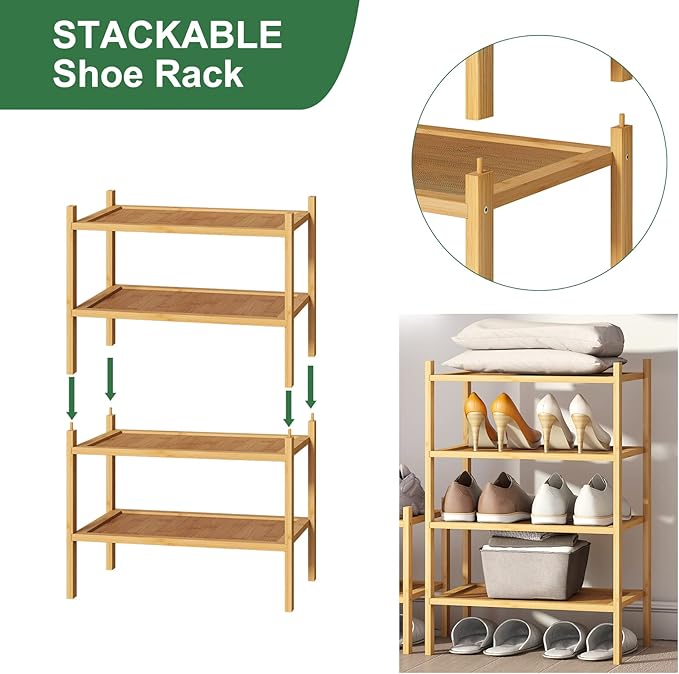 Small Shoe Rack, 4-Tier Bamboo Wood Shoe Rack for Entryway, Stackable Shoe Organizer for Hallway Closet, Free Standing Shoe Racks for Indoor & Outdoor