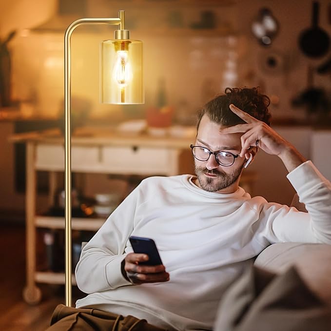 Floor Lamps for Living Room - Gold Standing Lamp with Amber Glass Shade, Modern Floor Lamp with LED Bulbs, Bright Industrial Floor Lamp for Bedroom, Farmhouse Tall Lamp for Office