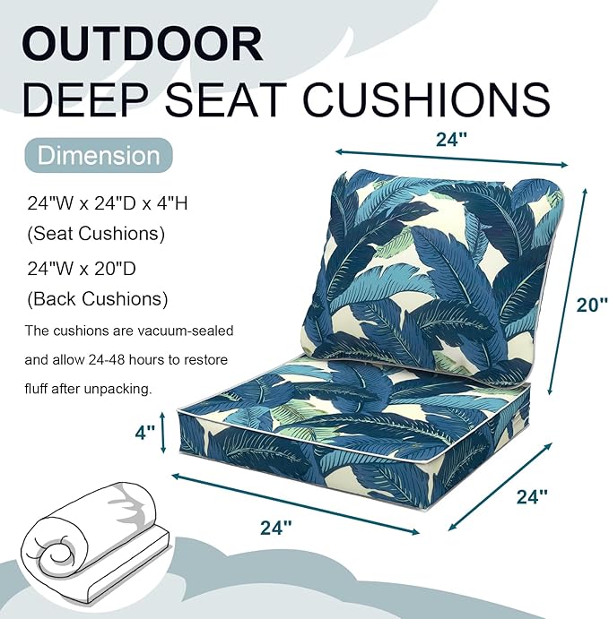 Outdoor Deep Seat Cushions Set 24 x 24 Inch for Patio Furniture,Water Resistant Chair Cushions Replacement Includes Seat Cushion & Back Pillow for Couch Sofa, Wicker Chair - Swaying Palms Blue