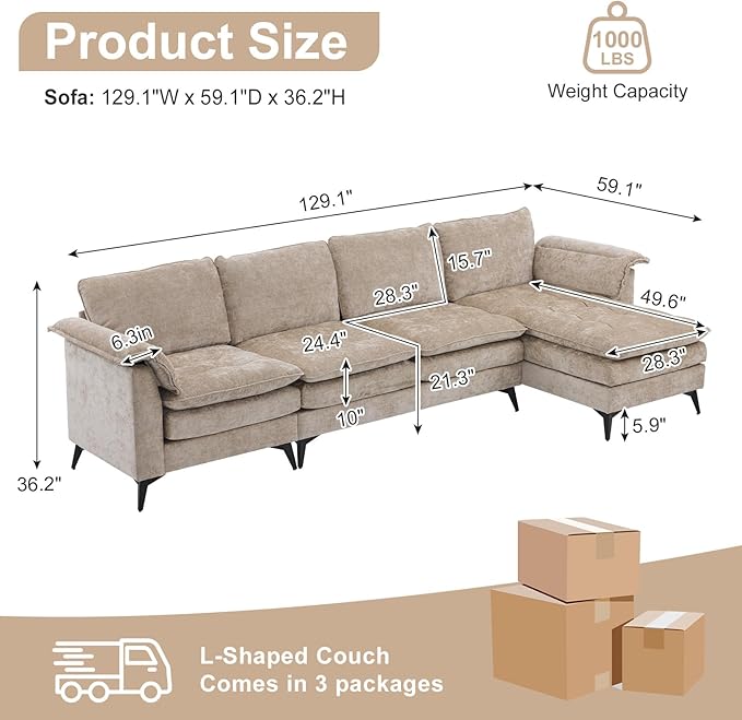 VINGLI 129” Oversized L-Shaped Cloud Sectional Sofa, Memory Foam Couch with Reversible Chaise Lounge, Comfy Couch with Double-Layer Deep Seat Cushions, Modern Sofa for Living Room, Chenille, Khaki