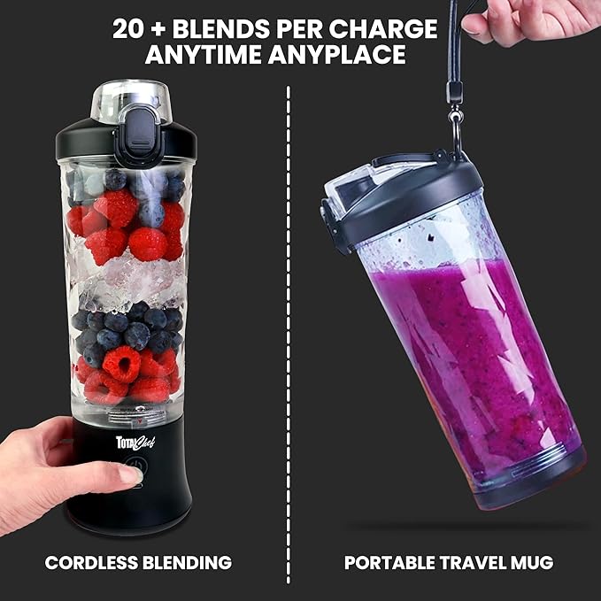 Total Chef Portable Blender - USB Rechargeable Personal Smoothie Mixer, Protein Shake Maker, Cordless Travel Mini Licuadora, Blend Frozen Fruit, Drink Milkshake On The Go,Ice Crusher 20 OZ, Black