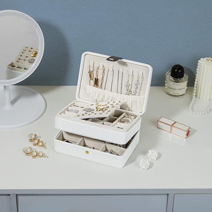 Jewelry Boxes For Girls And Women, Pu Leather Made Portable Jewelry Organizer Travel Case,3 Layers Girl Jewelry Box For Rings, Earings, Necklaces, Bracelets, Watches And Lipsticks (white)