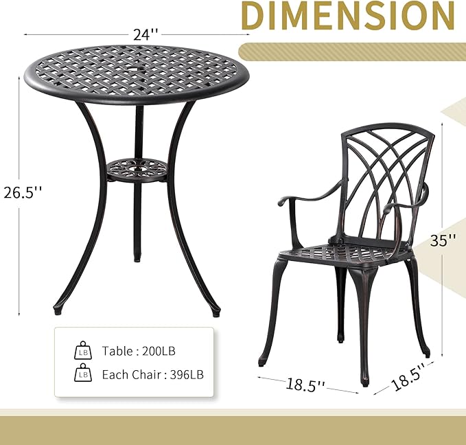 3 Piece Bistro Patio Set Cast Alumiunm Patio Furniture Set,All Weather Bistro Table and Chairs Set of 2 with 1.97" Umbrella Hole,Outdoor Patio Bistro Sets for Garden（Antique Bronze）