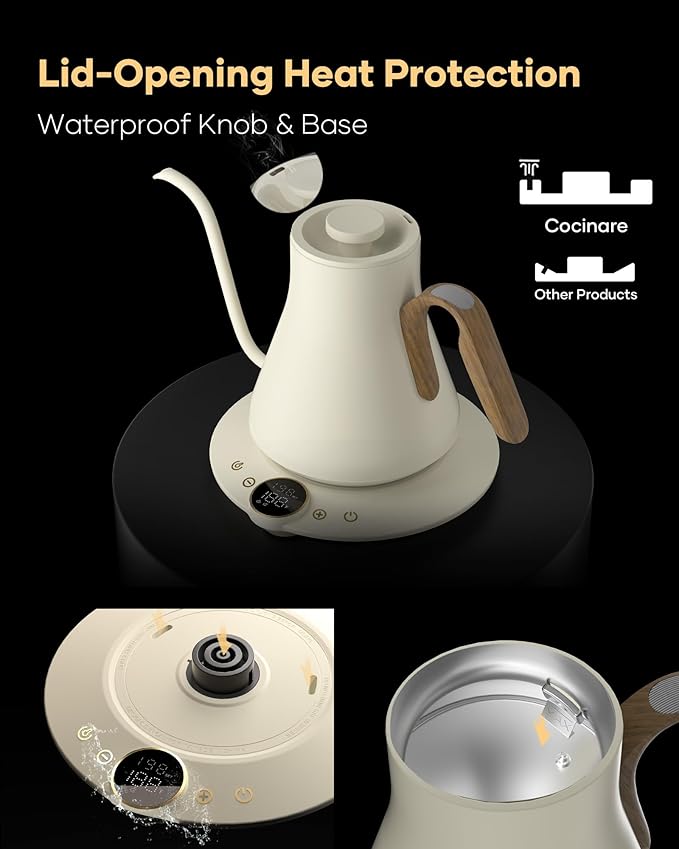 Cocinare FLOW B9 Gooseneck Electric Kettle, Precise Temperature Control for Pour-Over Coffee & Tea Brewing, Stainless Steel Interior, Rapid Heating for Boiling Water 0.9L (Morandi White)