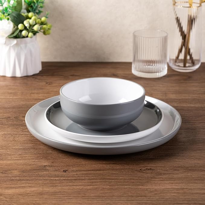 GBHOME 12 Pieces Ceramic Dinnerware Set, Modern White Dish Set for 4，Scratch Resistant Smooth Plates and Bowls Sets，Oven Safe，Microwave & Dishwasher