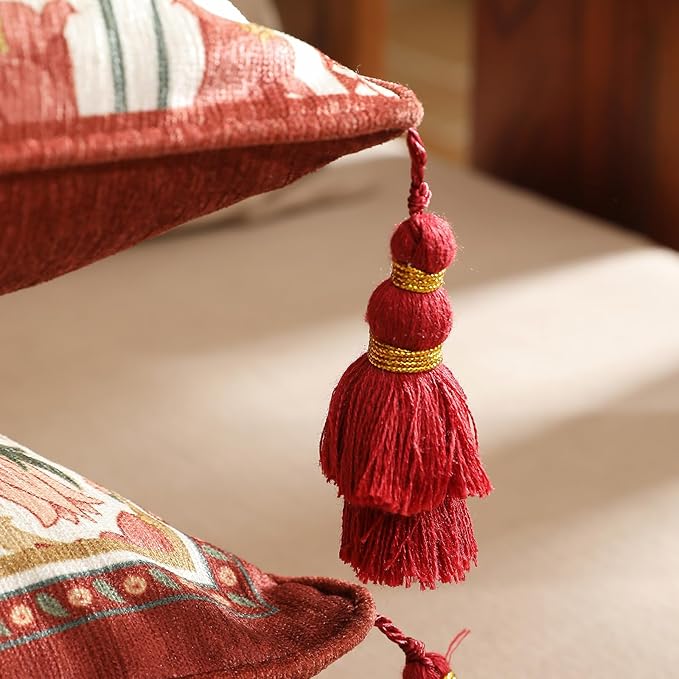 Vintage Throw Pillow Covers Pack of 4,Red Cozy Velvet with Leaves and Floral Pattern Pillowcases,Decor Square Round Lumbar Pillows Cushion Covers for Living Room Couch Sofa Bed Car