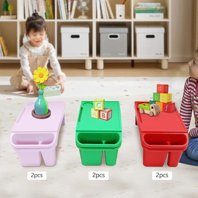 Set of 6 Kids Lap Desk Tray, Portable Activity Table, Plastic, Stackable for Drawing, Writing, Eating, Classroom, 19.69" L x 9.84" W x 7.09" H (Red, Green, Purple)