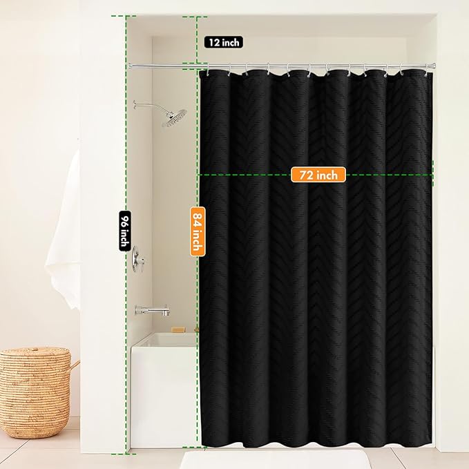 Extra Long Black Boho Shower Curtain 84 Inch Black Tufted Chevron Striped Fabric Shower Curtains for Bathroom Modern Shabby Chic Waterproof Cloth Shower Curtain Set with Hooks