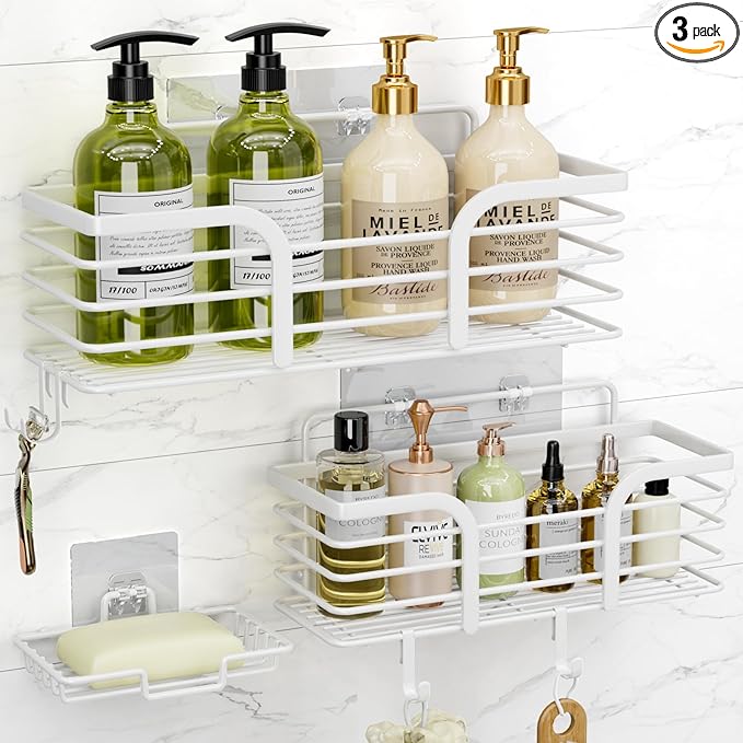 Yougai Bathroom Vanity Tray, Countertop and Vanity Tray and soap holder, 3pack Shower Caddy, No Drilling,Rustproof Adhesive Shower Organizer Shelves for Inside Shower, White Bathroom Tray Soap Tray