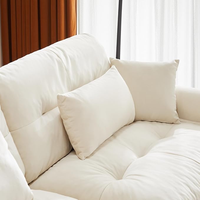 Ball & Cast 130" Oversized Modular Sofa,L Shaped 3-Seater Couch Sectional Couch with Round Bolster Armrests and 5 Pillows,Fluffy Velvet Deap Seat Couches w/Ottoman,for Living Room,Convertible,Cream