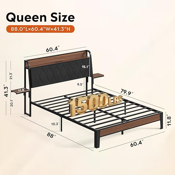 WLIVE Queen Size Upholstered Bed Frame with 2 Side Shelves, Linen Tufted Storage Headboard with Charging Ports and LED Light, Metal Solid and Stable, No Box Spring Needed, Easy Assembly, Brown