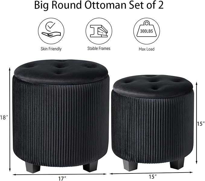 Round Ottoman with Storage Set of 2-Upholstered Sherpa Vanity Stool for Makeup Multifunctional Ottomans Coffee Table Padded Seat Foot Rest (Engineered Wood, Large Black)