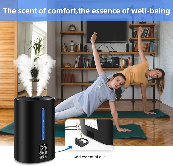 6L Humidifiers for Bedroom Large Room Home, Cool and Warm Humidifier for Plants Mist Top Fill Desk Humidifier Essential Oil Diffuser, Quiet Humidifiers with Adjustable Mist,360°Nozzle-Midnight Black