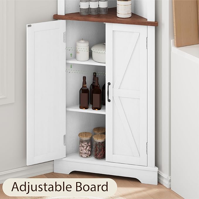 Smuxee Tall Corner Storage Cabinet, Farmhouse Corner Cabinet with Barn Door and Adjustable Shelf, White Freestanding Cabinet Organizer for Bathroom, Kitchen, Living Room