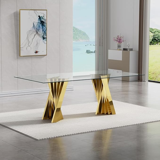 70" Modern Glass Dining Table for 6-8, Luxury Gold Glass Dining Room Table with Mirrored Flash-Shape Stainless Steel Base, Rectangle Kitchen Dinner Tables for Dining Room Kitchen