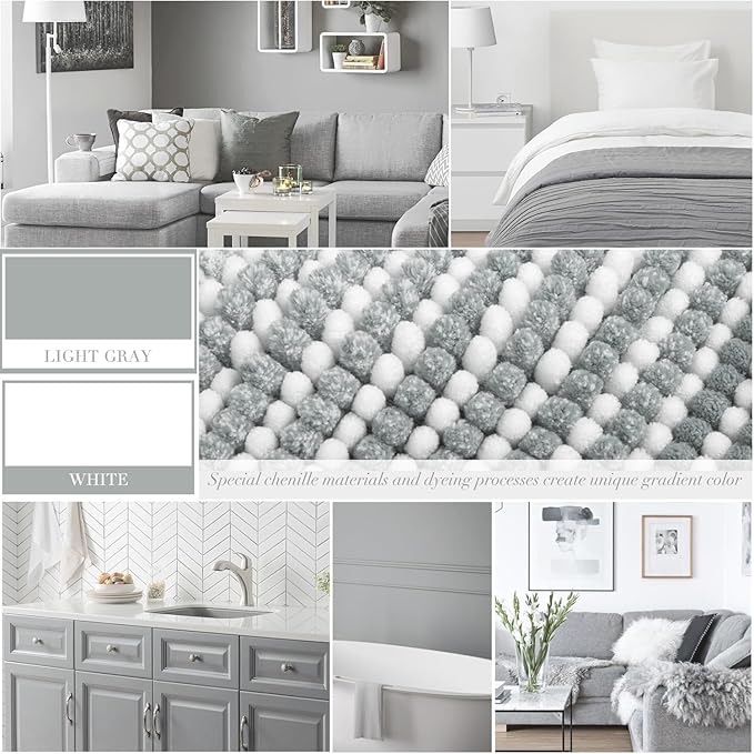 BSICPRO Bathroom Rugs and Mats Sets, 2 Piece Thick Absorbent Chenille Non Slip, Soft Shaggy Floor Mats, Machine Washable (Light Gray, 20" x 47" Plus 16" x 24")