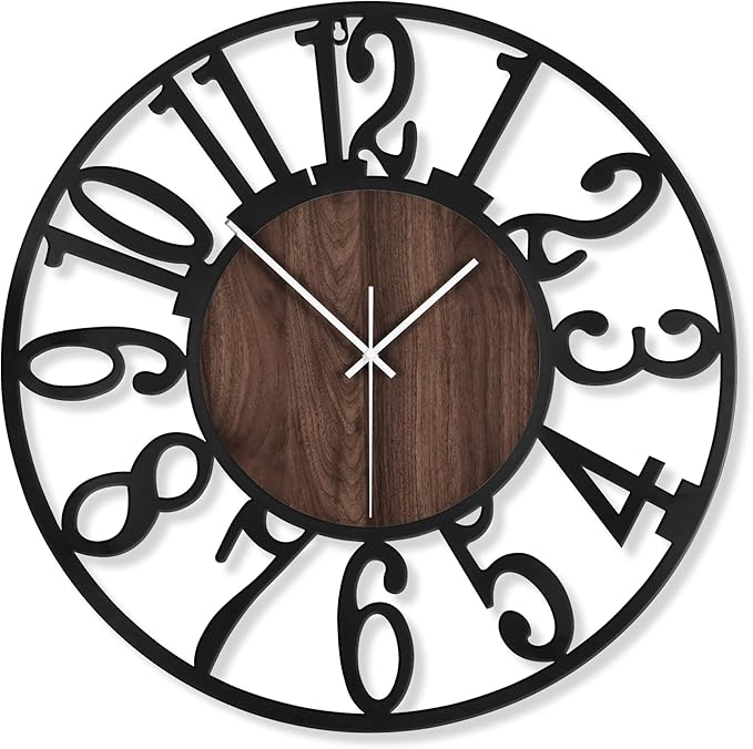 LEIKE Large Wall Clocks for Living Room,Silent,Non Ticking,Battery Operated Oversized Vintage Round Modern Wood Wall Clock for Bedroom,Farmhouse,Office Home Decor-24 Inch(Black-Arabic Number)