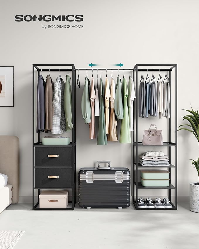 SONGMICS Clothes Rack, 70.9 Inch Wardrobe Freestanding Closet, Heavy Duty Garment Rack with 1 Extendable Hanging Rod, 2 Drawers and 4 Shelves, for Bedroom, Space-Saving, Ebony Black URGR003B56