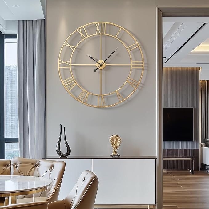 Large Wall Clock 36 Inch Gold Wall Clock Battery-Operated, Modern Metal Roman Numeral Decorative Clock for Living Room Decor, Dinning Room, Office, Kitchen, Mantel, Home Decor