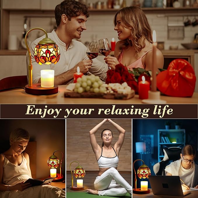 Candle Warmer Lamp with Timer Dimmer, Adjustable Height Candle Warmer for Jar Candles, Birthday Gifts for Women New Home Bedroom Decor Tiffany Baroque Style Stained Glass with 2 Bulbs