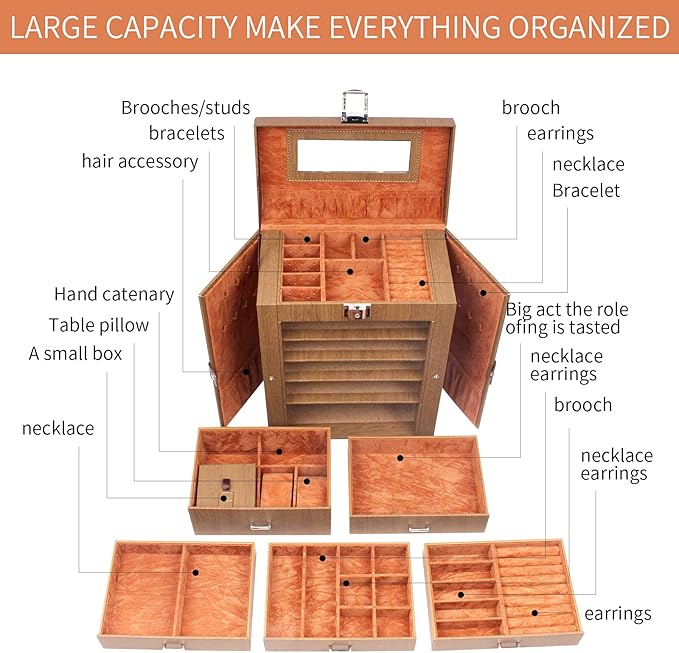 6 Tier Jewelry Box, Jewelry Case with 5 Drawers, Large Storage Capacity, with Mirror, Lockable, Jewelry Storage Organizer, Gift for Loved Ones