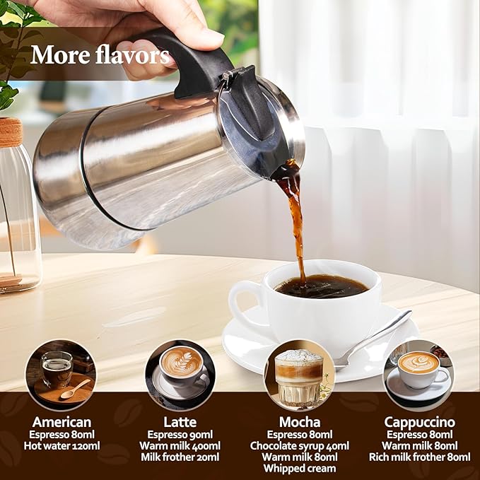 4 Cup Moka Pot Percolator Italian Coffee Maker 200ml Stovetop Espresso Mocha Stainless Steel Greca Coffee Maker Classic Cafe Makers Suitable for Induction Cookers Ceramic Stoves Tummy
